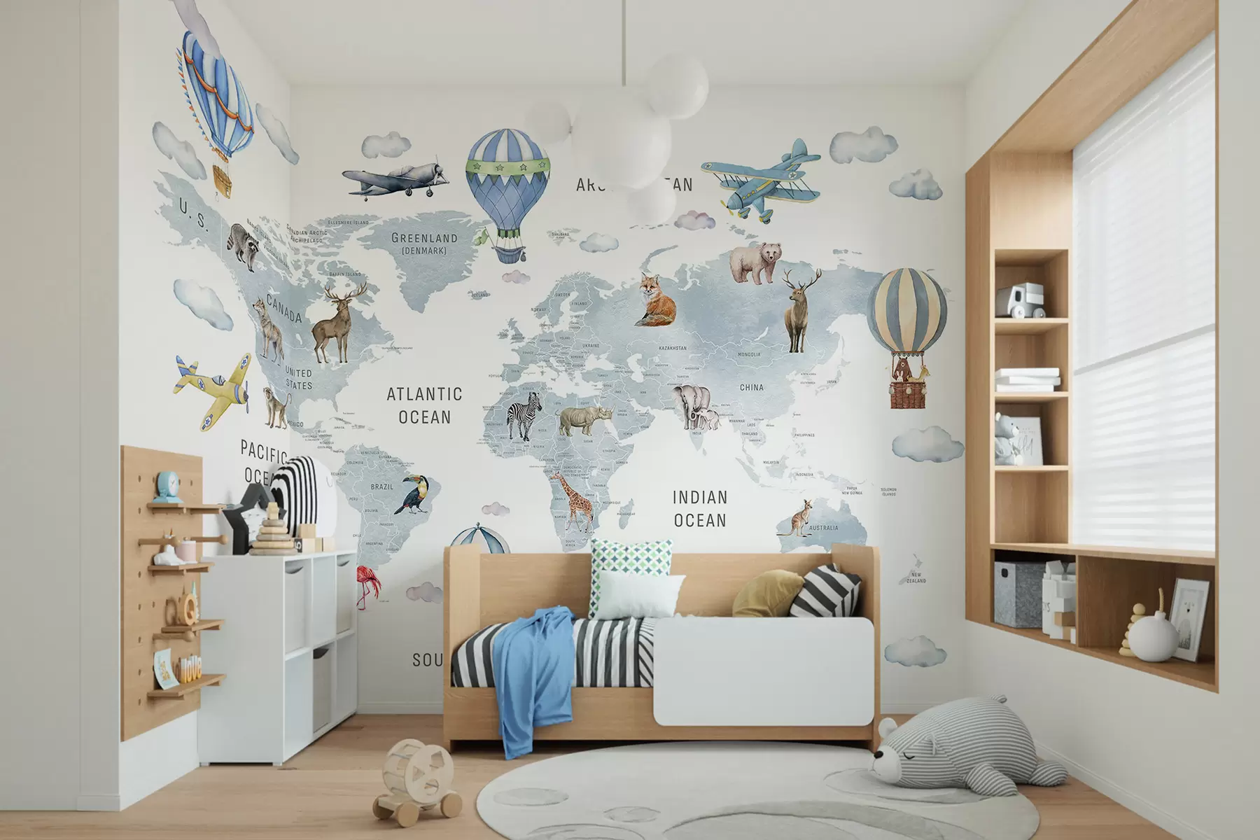 wall murals Мапа у акварелном стилу за децу са животињама и балонима на врући ваздух. Енглески језик. Плава боја. c00001env1