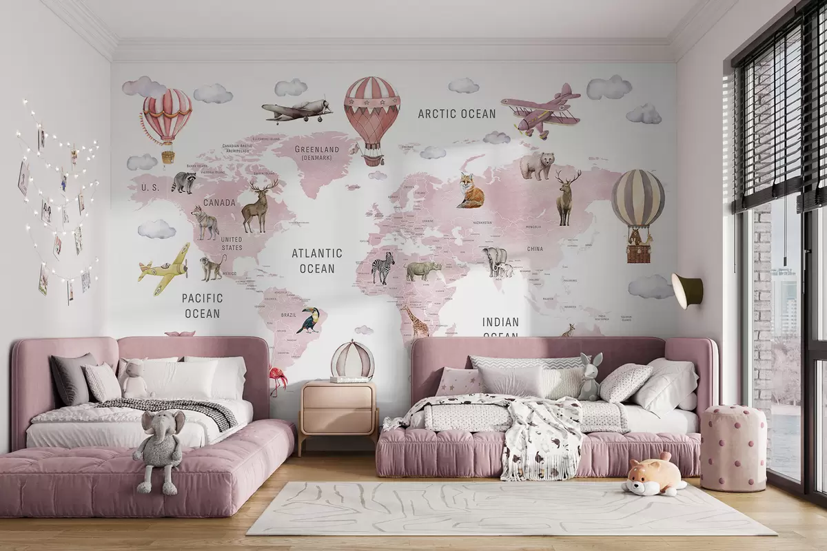 wall murals Дечја мапа у акварел стилу са животињама и балонима на врући ваздух. Енглески језик. Розе боја. c00001env3