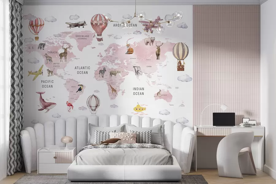 wall murals Дечја мапа у акварел стилу са животињама и балонима на врући ваздух. Енглески језик. Розе боја. c00001env3