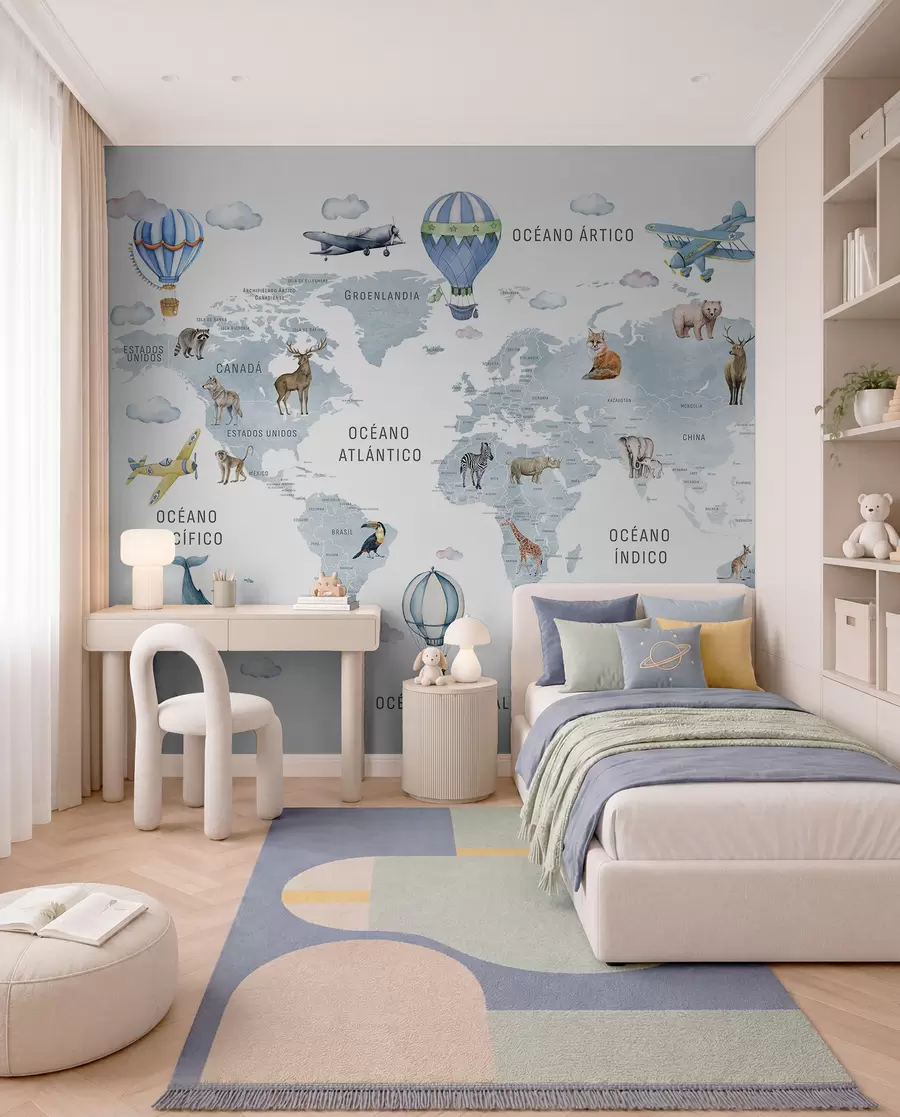 wall murals Мапа у акварелном стилу за децу са животињама и балонима на врући ваздух. Шпански језик. Плава боја. c00001esv1