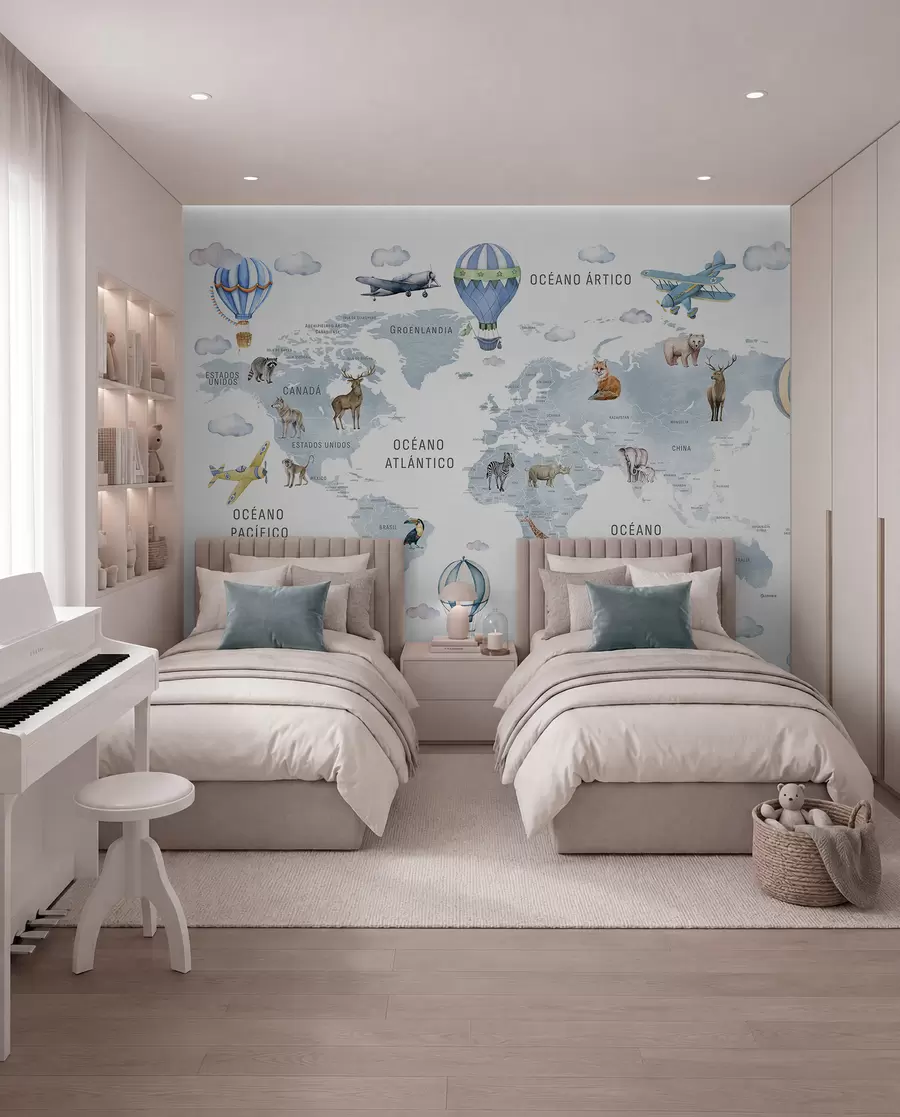 wall murals Мапа у акварелном стилу за децу са животињама и балонима на врући ваздух. Шпански језик. Плава боја. c00001esv1