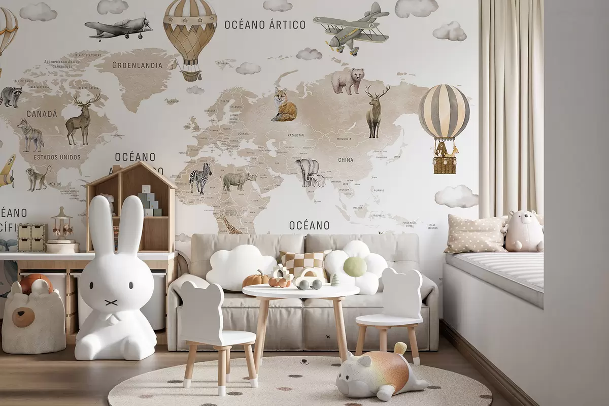 wall murals Дечја мапа у акварел стилу са животињама и балонима на врући ваздух. Шпански језик. Беж боја. c00001esv2