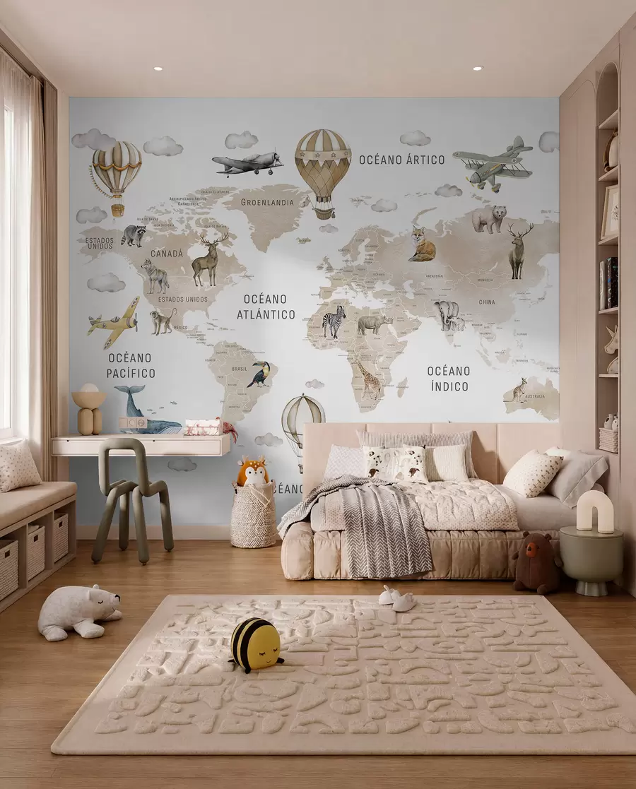 wall murals Мапа у акварелном стилу за децу са животињама и балонима на врући ваздух. Шпански језик. Беж. c00001esv2