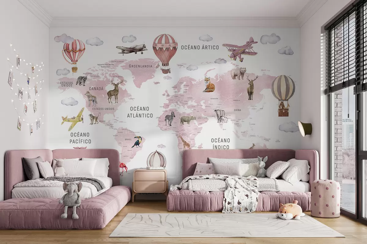wall murals Дечја мапа у акварел стилу са животињама и балонима на врући ваздух. Шпански језик. Ружичаста боја. c00001esv3