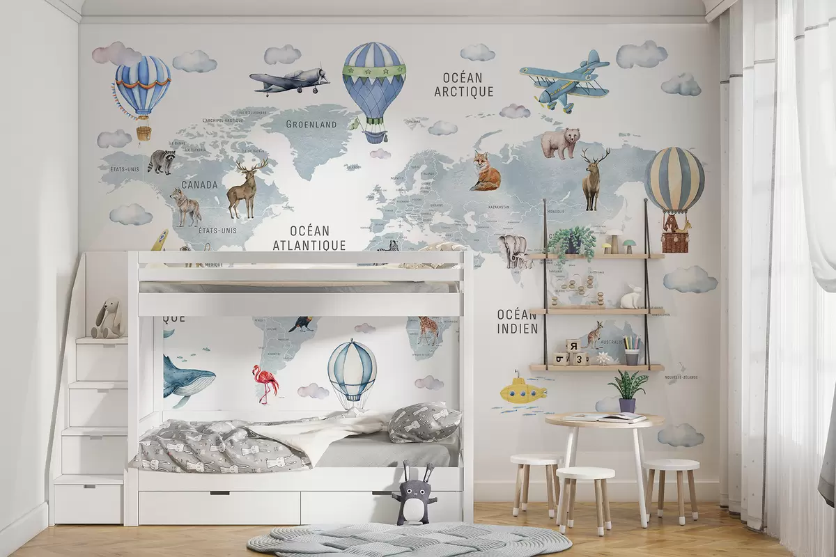 wall murals Дечја мапа у акварел стилу са животињама и балонима на врући ваздух. Француски језик. Плава боја. c00001frv1