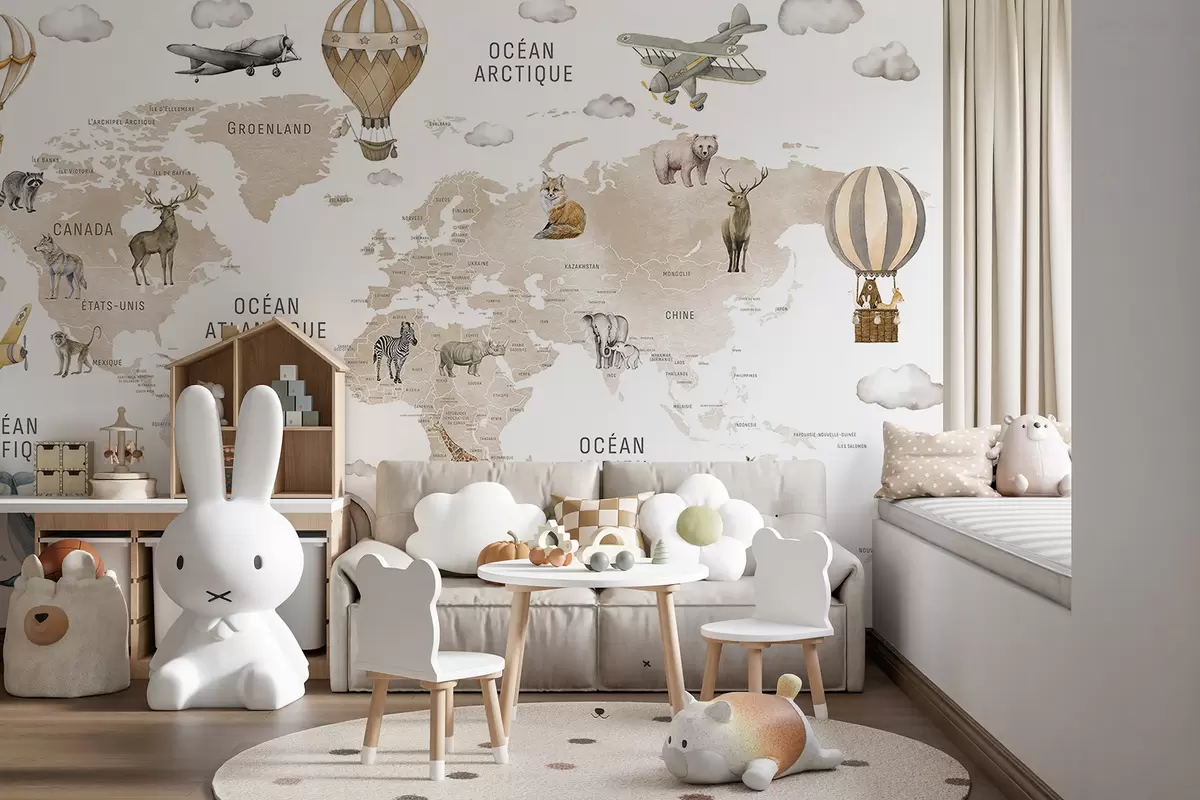 wall murals Дечја мапа у акварел стилу са животињама и балонима на врући ваздух. Француски језик. Беж боја. c00001frv2