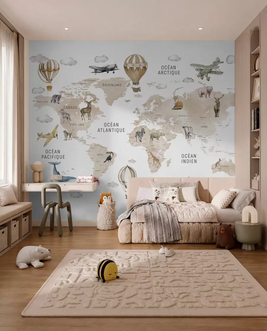 wall murals Мапа у акварелном стилу за децу са животињама и балонима на врући ваздух. Француски језик. Беж боја. c00001frv2