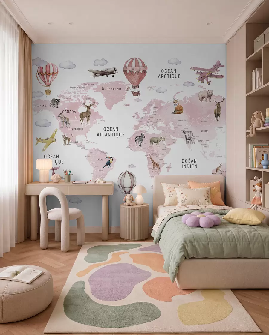 wall murals Мапа у акварелном стилу за децу са животињама и балонима на врући ваздух. Француски језик. Ружичаста боја. c00001frv3