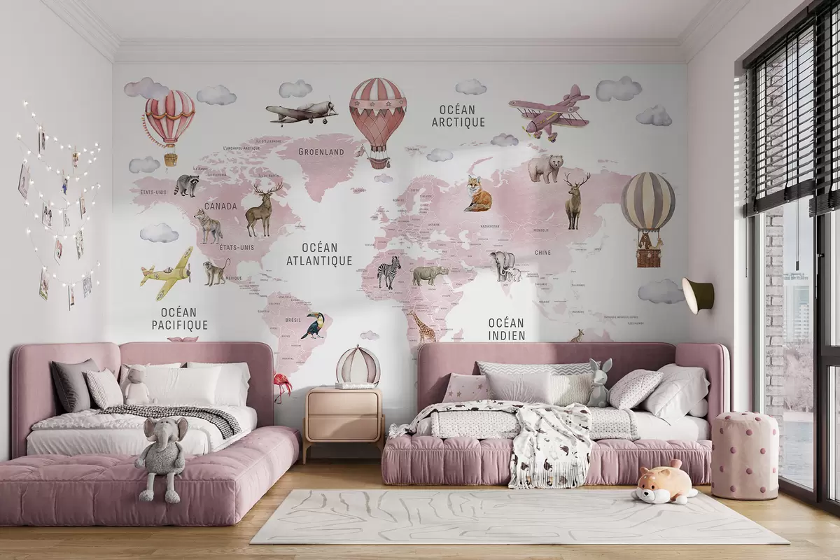 wall murals Дечја мапа у акварел стилу са животињама и балонима на врући ваздух. Француски језик. Ружичаста боја. c00001frv3