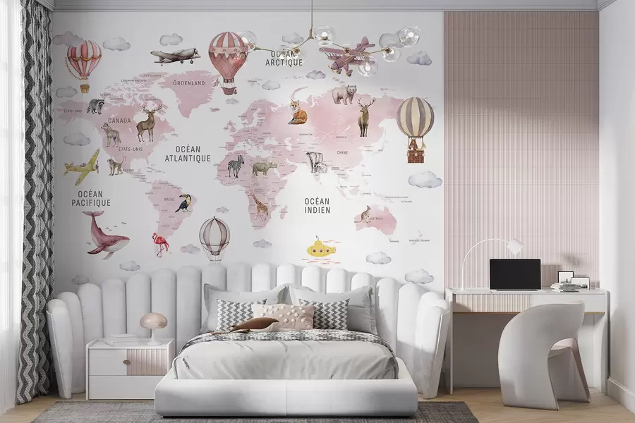 wall murals Дечја мапа у акварел стилу са животињама и балонима на врући ваздух. Француски језик. Ружичаста боја c00001frv3