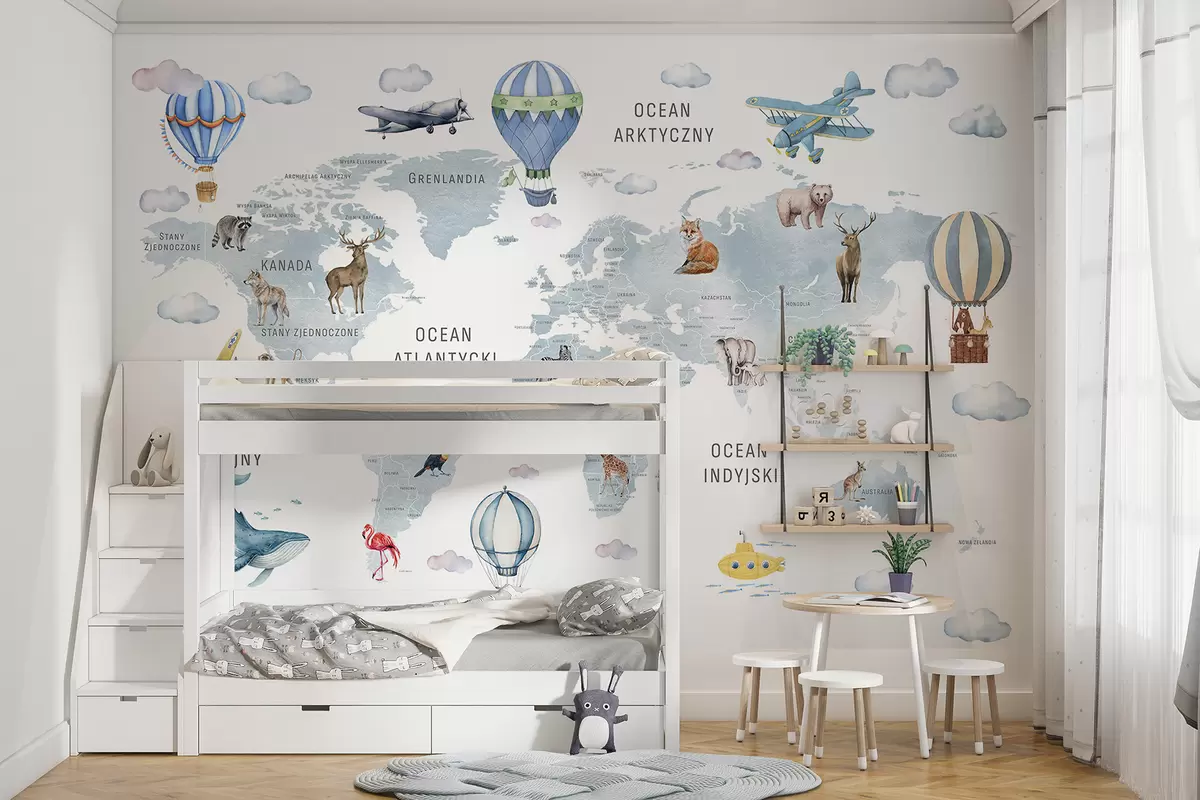 wall murals Дечја мапа у акварел стилу са животињама и балонима на врући ваздух. Пољски језик. Плава боја. c00001plv1