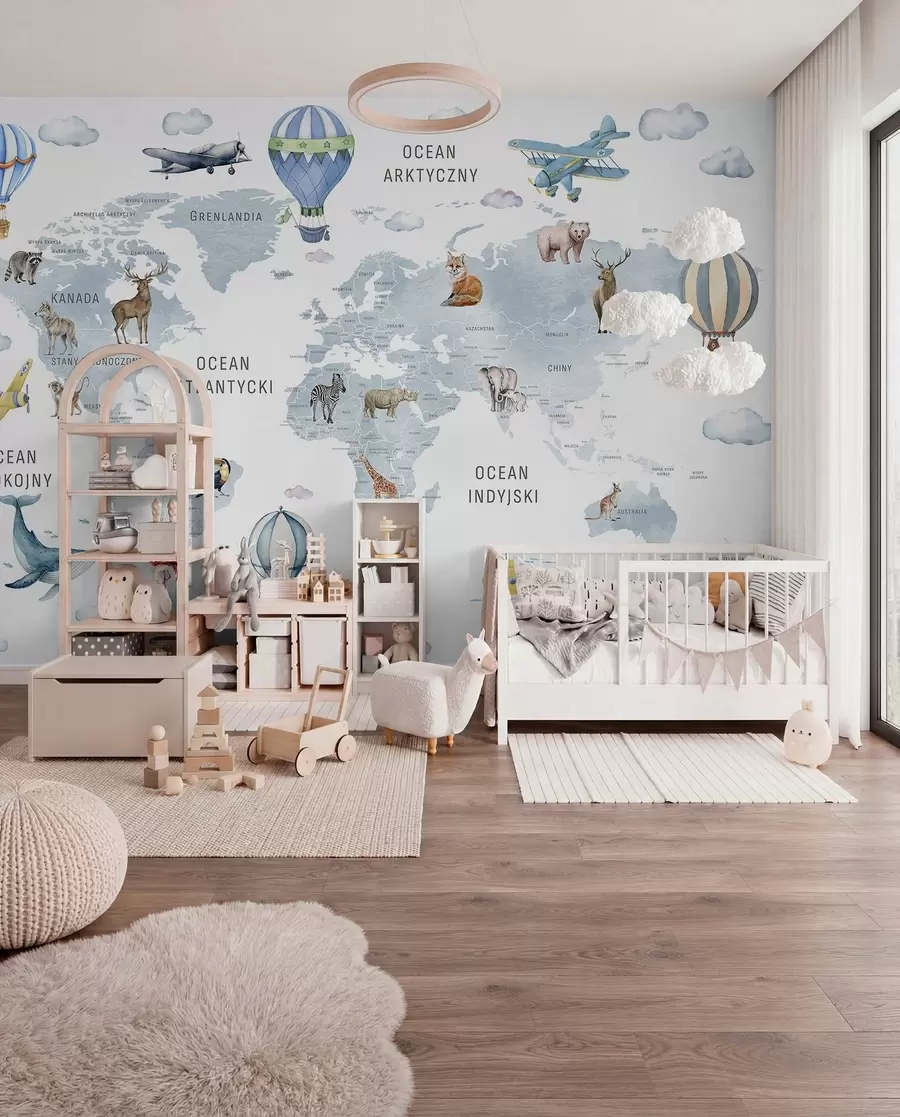 wall murals Мапа у акварелном стилу за децу са животињама и балонима на врући ваздух. Пољски језик. Плава боја. c00001plv1