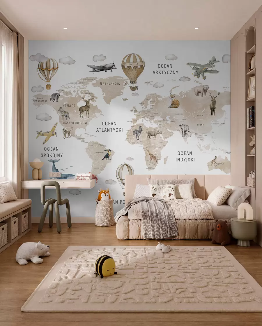 wall murals Мапа у акварелном стилу за децу са животињама и балонима на врући ваздух. Пољски језик. Беж боја. c00001plv2