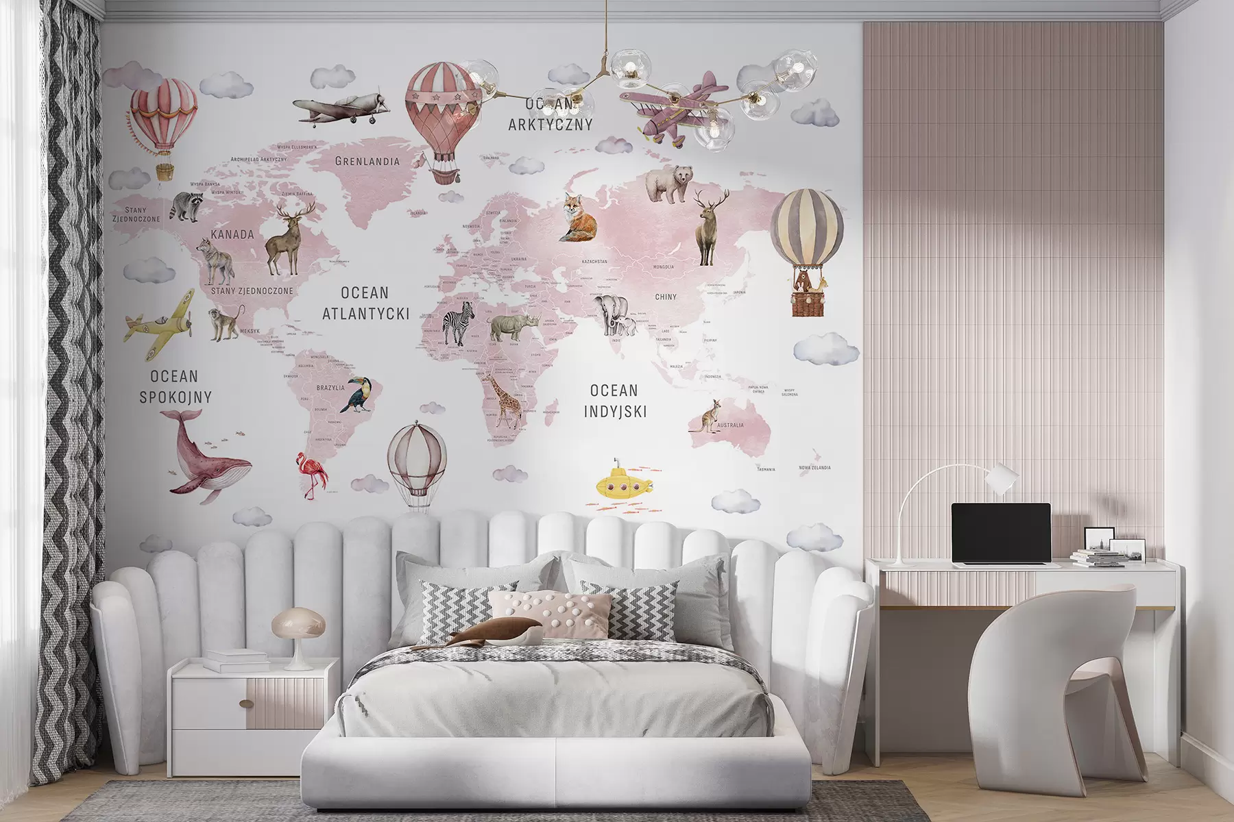 wall murals Мапа у акварелном стилу за децу са животињама и балонима на врући ваздух. Пољски језик. Ружичаста боја. c00001plv3