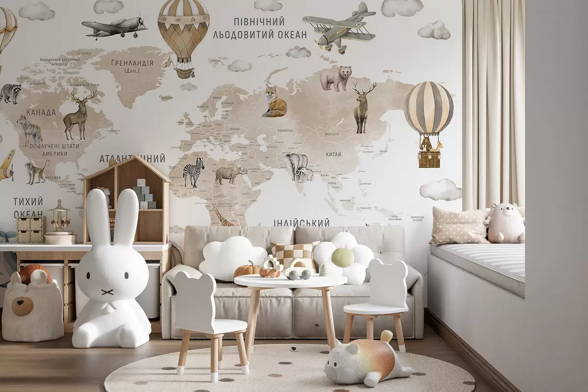 wall murals Дечја мапа у акварел стилу са животињама и балонима на врући ваздух. Украјински језик. Беж боја. c00001ukv2