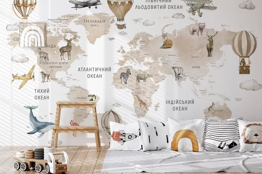 wall murals Мапа у акварелном стилу за децу са животињама и балонима на врући ваздух. Језик: украјински. Боја: беж. c00001ukv2