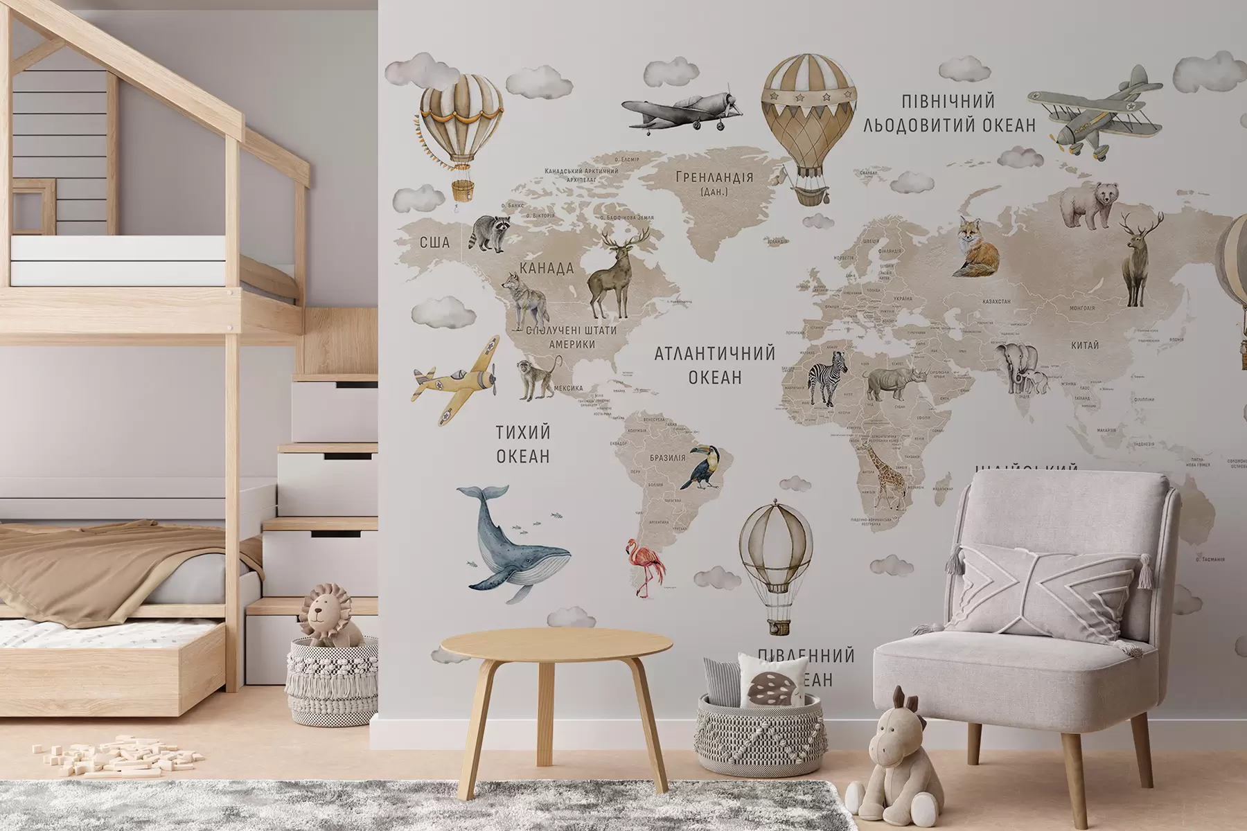 wall murals Мапа у акварелном стилу за децу са животињама и балонима на врући ваздух. Језик: украјински. Боја: беж. c00001ukv2
