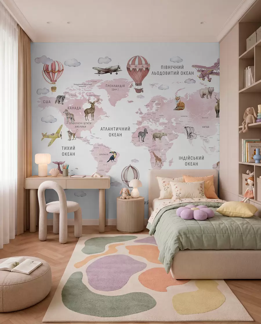 wall murals Мапа у акварелном стилу за децу са животињама и балонима на врући ваздух. Језик: украјински. Боја: ружичаста. c00001ukv3