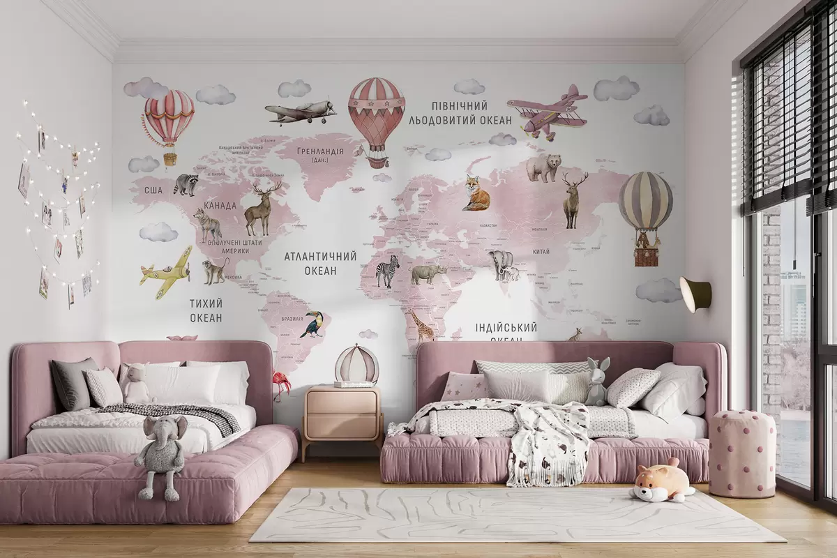 wall murals Дечја мапа у акварел стилу са животињама и балонима на врући ваздух. Украјински језик. Розе боја. c00001ukv3