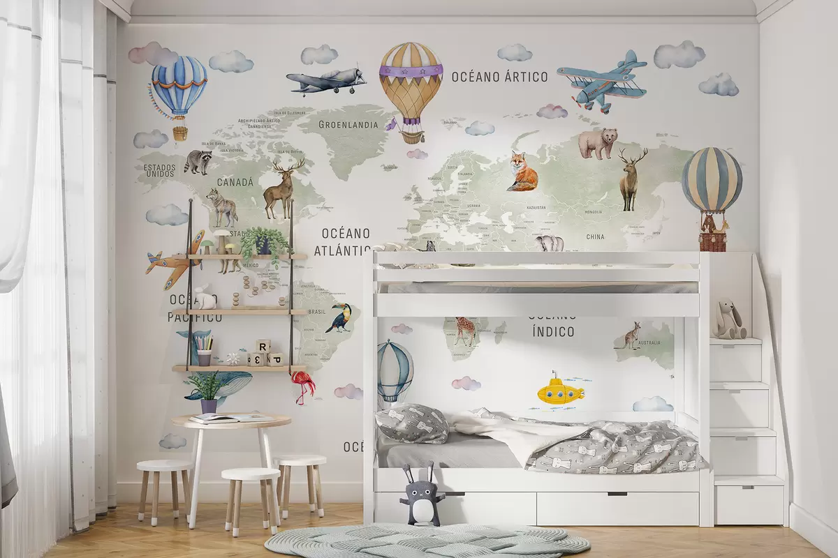 wall murals Дечја мапа у акварел стилу са животињама и балонима на врући ваздух. Шпански језик. Зелена боја. c00001es