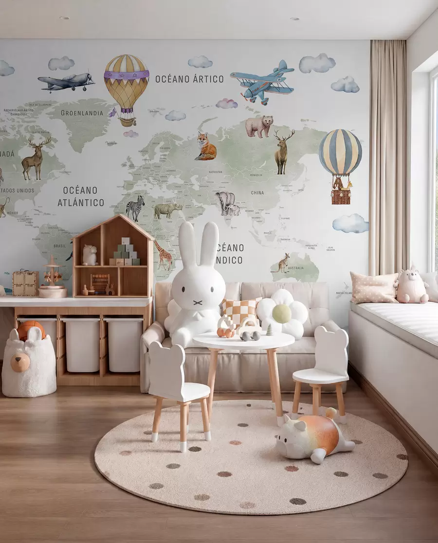 wall murals Мапа у акварелном стилу за децу са животињама и балонима на врући ваздух. Језик: шпански. Зелена боја. c00001es
