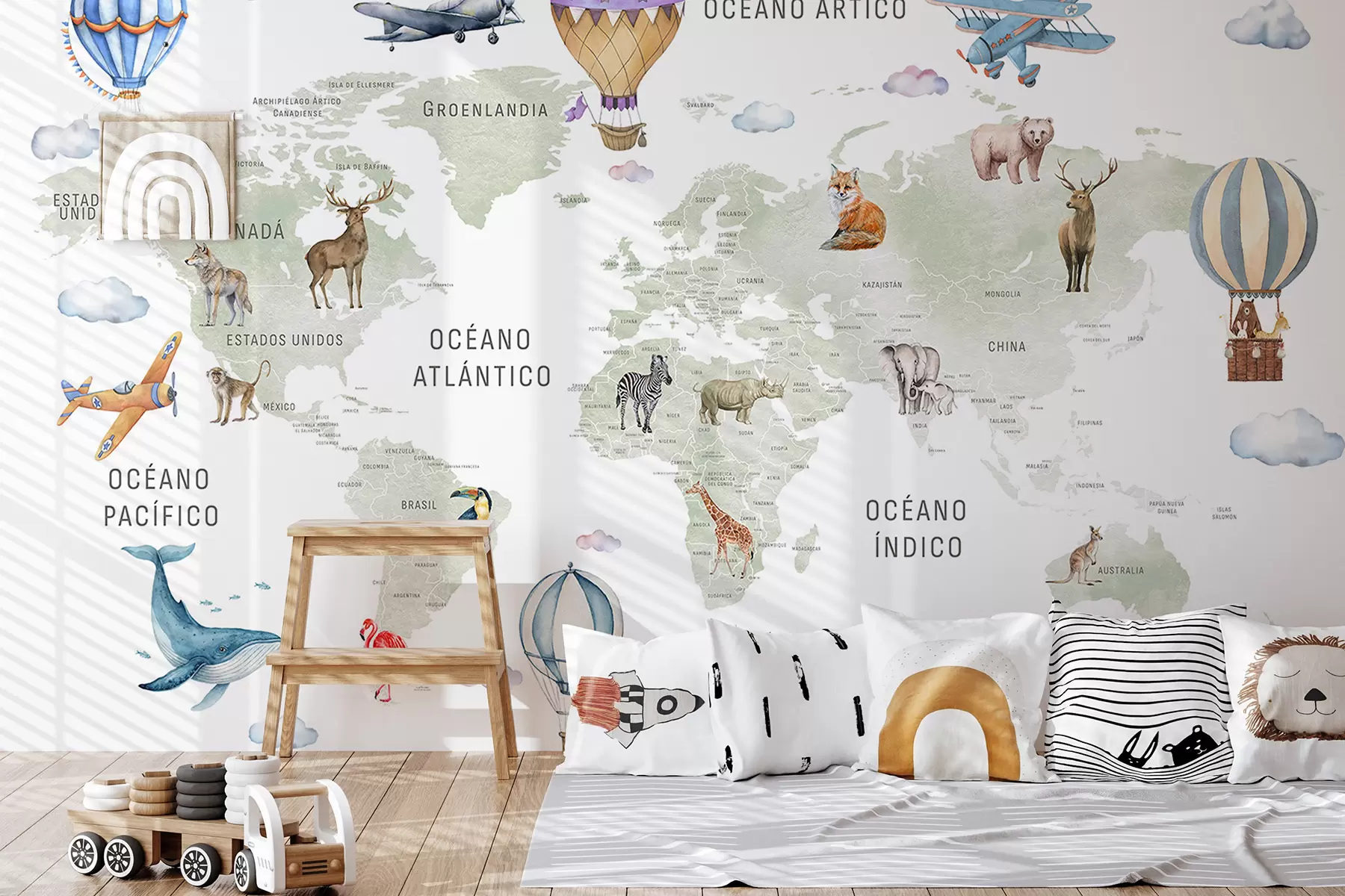 wall murals Мапа у акварелном стилу за децу са животињама и балонима на врући ваздух. Језик: шпански. Зелена боја. c00001es