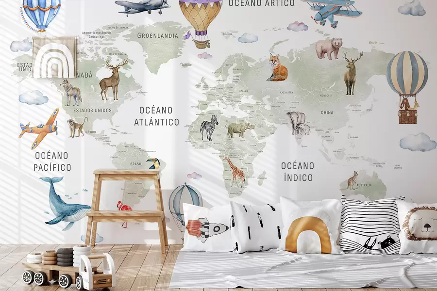 wall murals Дечја мапа у акварел стилу са животињама и балонима на врући ваздух. Шпански језик. Зелена боја. c00001es