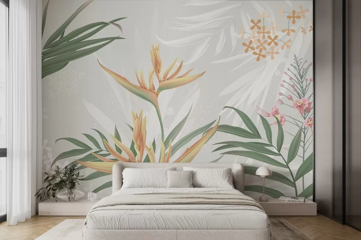 wall murals Егзотично цвеће стрелиције у лишћу w04783