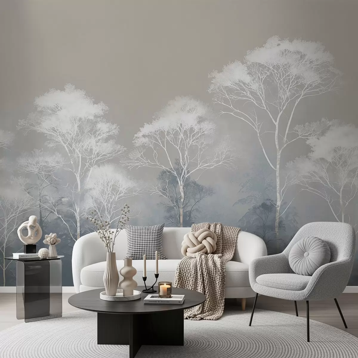 wall murals Минималистичко дрвеће у плаво-сивој палети, у магли w09448