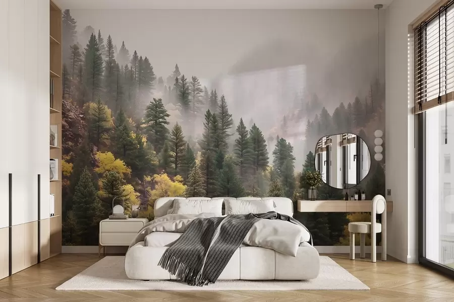 wall murals Атмосферска магловита борова шума у планинама w09463