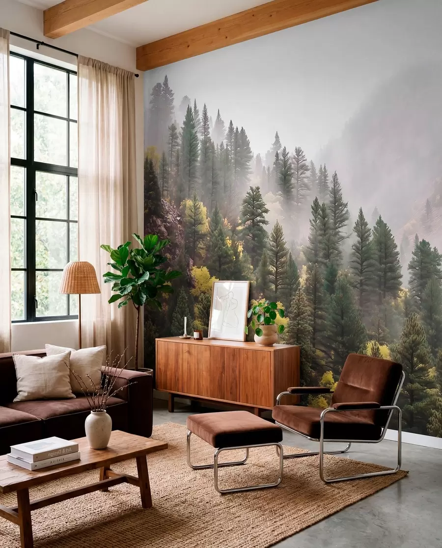 wall murals Атмосферска магловита борова шума у планинама w09463