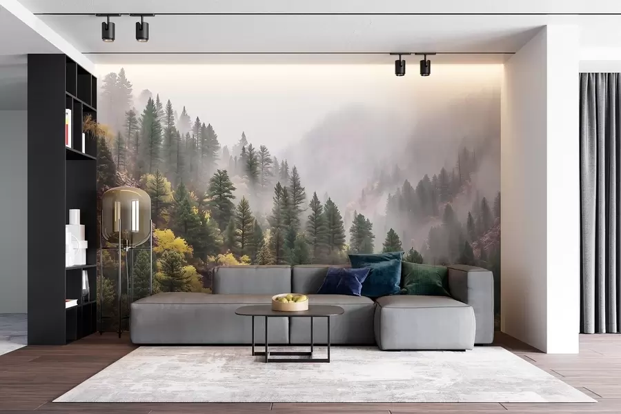 wall murals Атмосферска магловита борова шума у планинама w09463