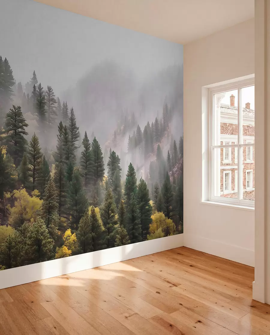 wall murals Атмосферска магловита борова шума у планинама w09463
