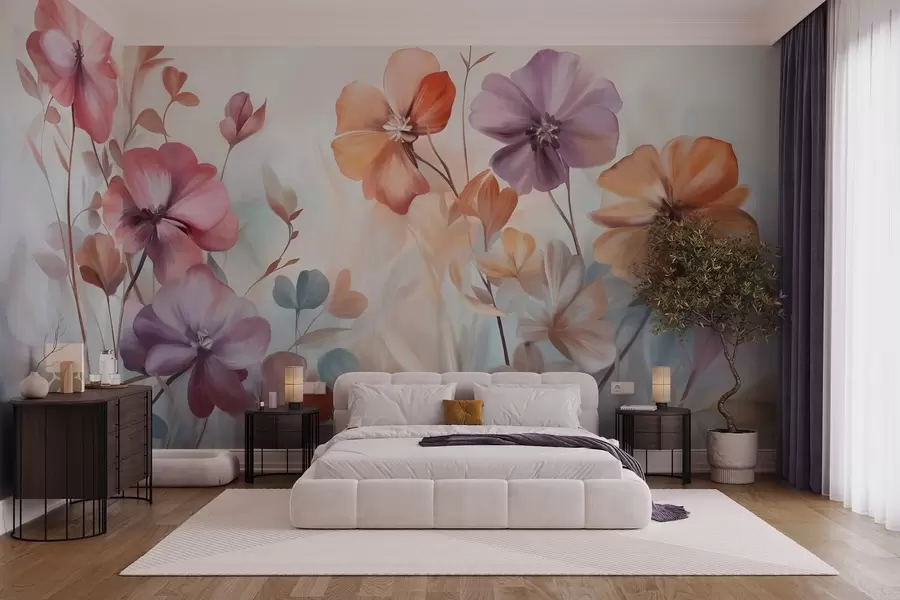 wall murals Текстурни цветни аранжман са ружичастим, љубичастим и наранџастим цветовима са зеленим стабљикама и листовима, нежне пастелне боје w09486