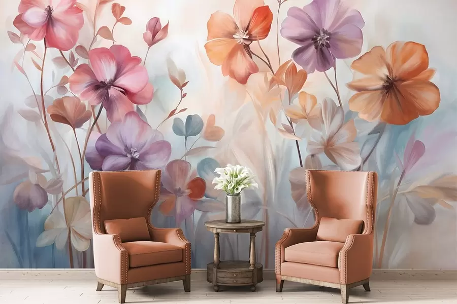 wall murals Текстурни цветни аранжман са ружичастим, љубичастим и наранџастим цветовима са зеленим стабљикама и листовима, нежне пастелне боје w09486