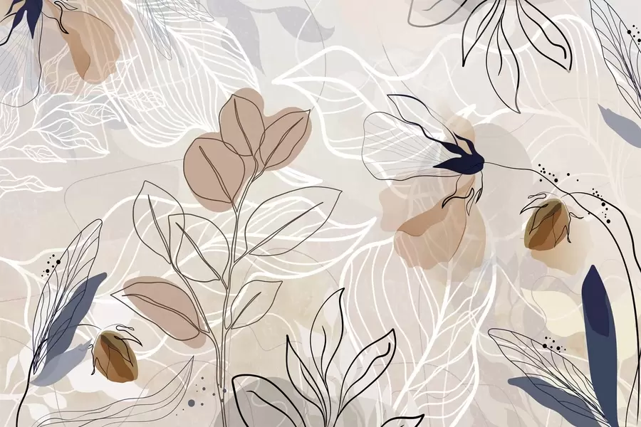 wall murals Беж апстрактна позадина са лишћем и цвећем, линијском уметношћу, модерним, минималистичким, органским облицима, ботаничким принтом  w09487
