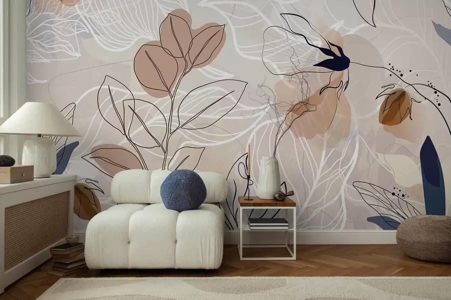 wall murals Беж апстрактна позадина са лишћем и цвећем, линијском уметношћу, модерним, минималистичким, органским облицима, ботаничким принтом  w09487