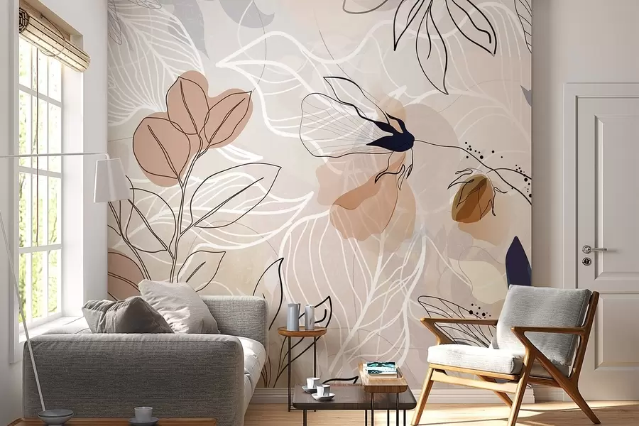 wall murals Беж апстрактна позадина са лишћем и цвећем, линијском уметношћу, модерним, минималистичким, органским облицима, ботаничким принтом  w09487