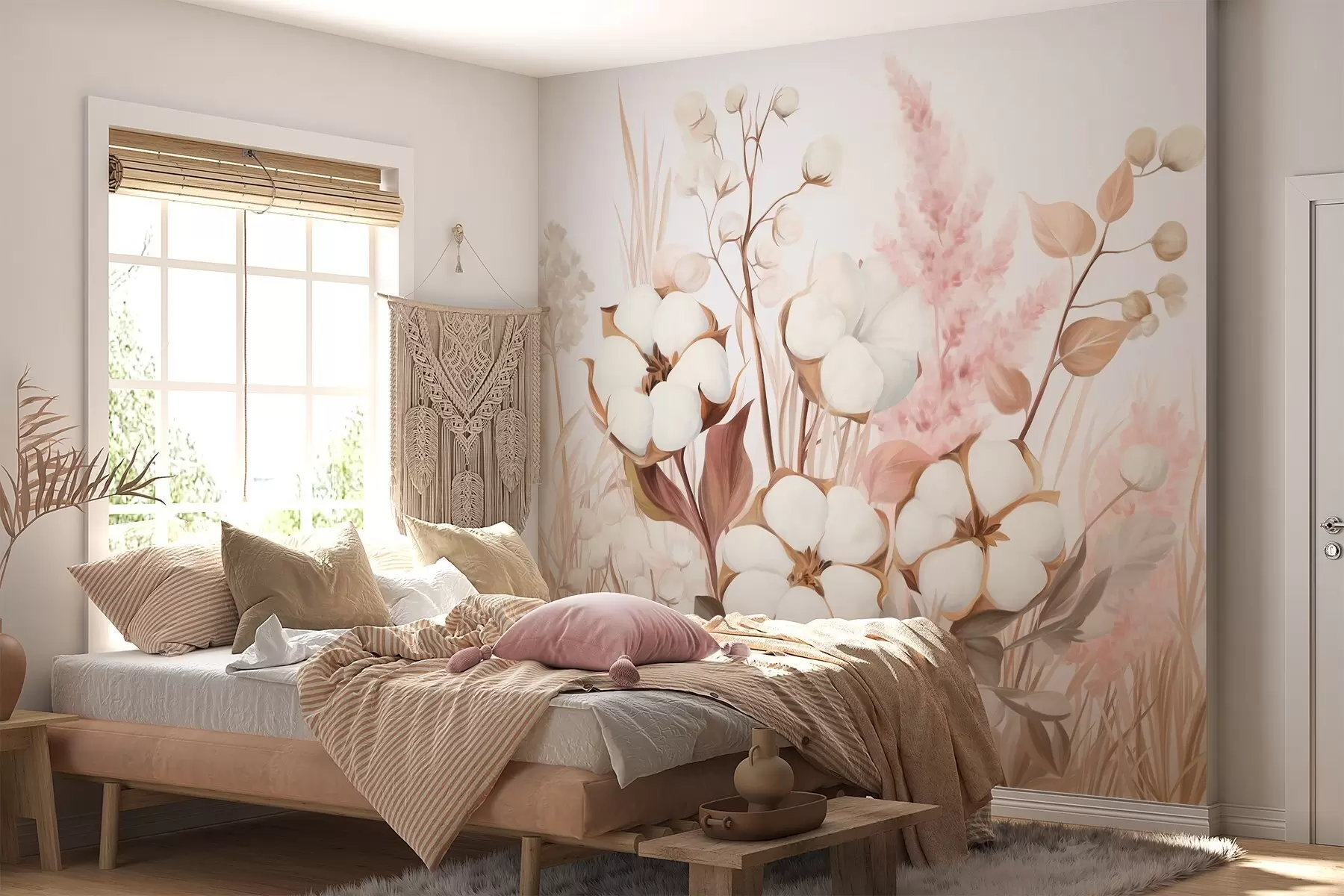 wall murals Памучно текстурирано цвеће са белом и ружичастом пампас травом, беж и смеђим листовима и биљем, белом позадином w09489