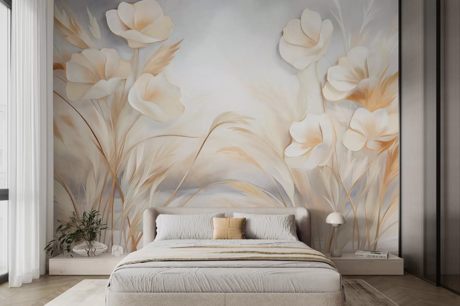 wall murals Бело цвеће, беж трска и пампас трава, текстурирано, елегантно, минималистички стил, апстрактна позадина пејзажа w09490