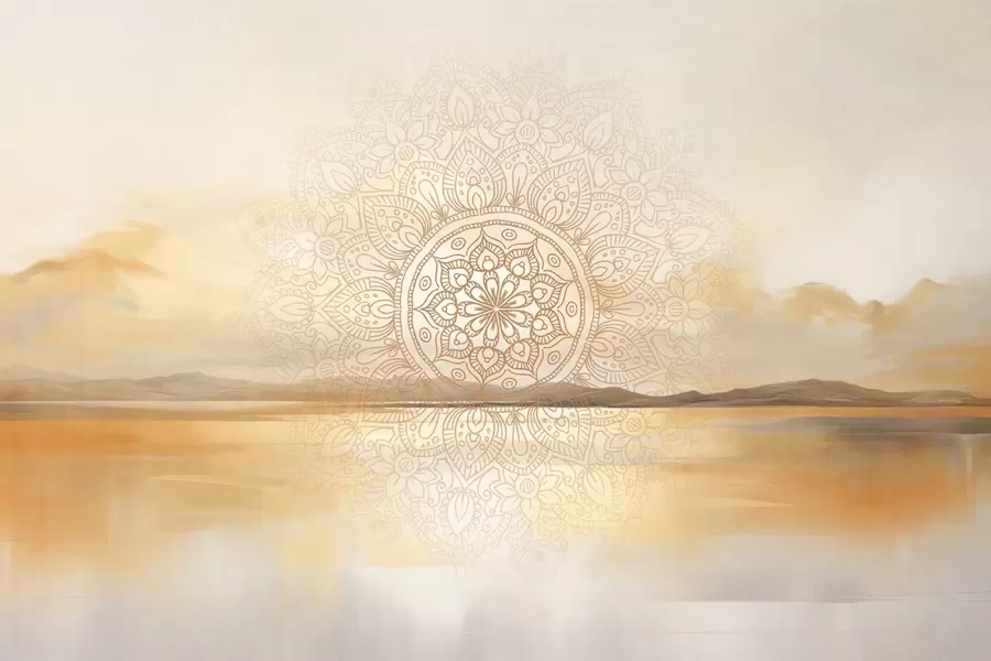 wall murals Текстурирани симетрични дизајн мандале који прекрива пејзаж са морем, брдима и небом, меке пастелне боје w09491