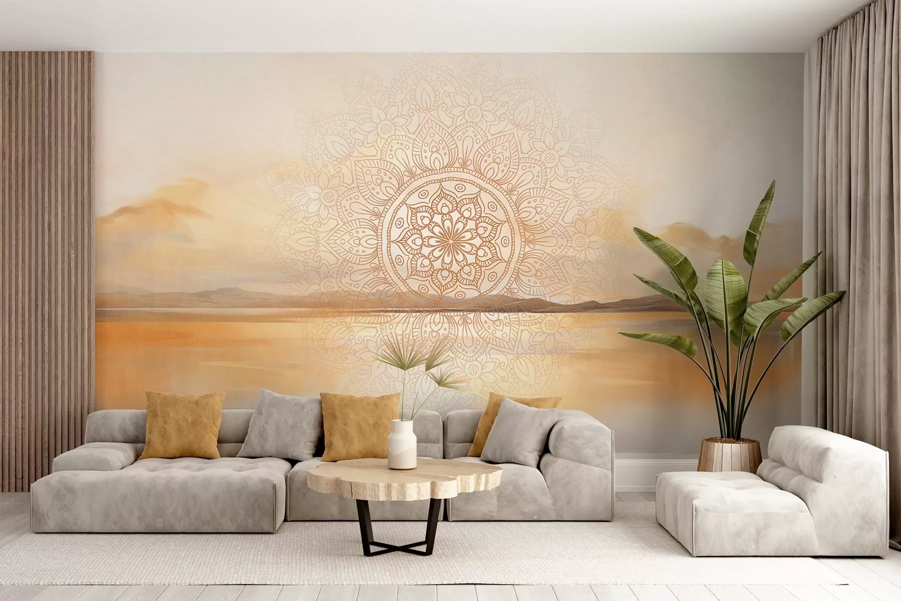 wall murals Текстурирани симетрични дизајн мандале који прекрива пејзаж са морем, брдима и небом, меке пастелне боје w09491
