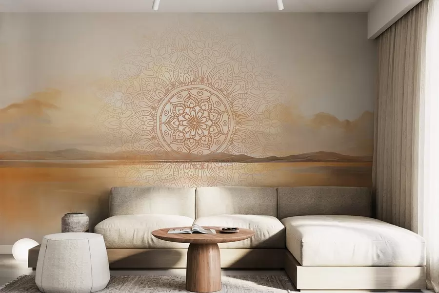 wall murals Текстурирани симетрични дизајн мандале који прекрива пејзаж са морем, брдима и небом, меке пастелне боје w09491