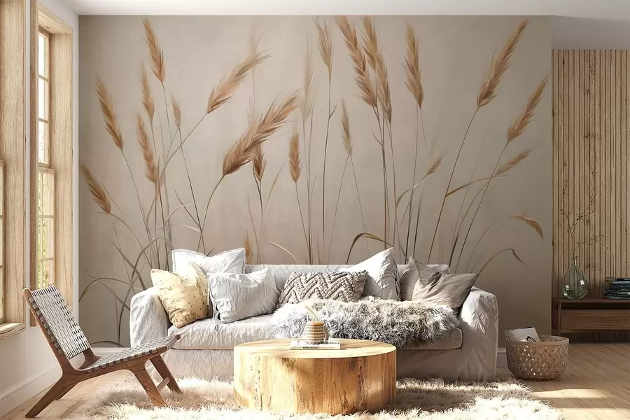 wall murals Пшенично текстурирано поље са жутим класјевима зрна, беж позадина, природно осветљење, топли тонови, детаљни потези четкицом w09493