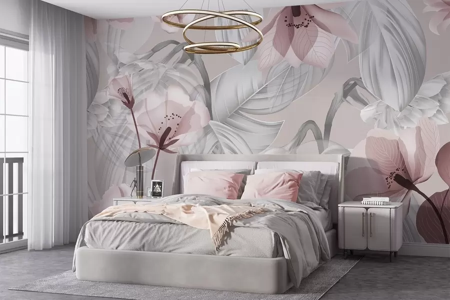 wall murals Ружичасти цветови и сиви листови, цветна ботаничка позадина, елегантан дизајн, меке боје, лагани нежни детаљи w09497