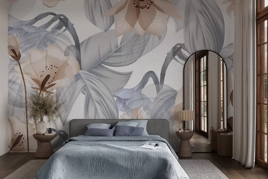 wall murals Смеђе цвеће и сиво лишће, цветна ботаничка позадина, елегантан дизајн, меке боје, лагани нежни детаљи w09497v1