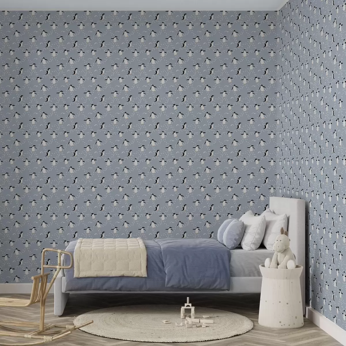 Позадина Пингвини на сиво-плавој боји са отисцима стопала a00655 Позадина Пингвини на сиво-плавој боји са отисцима стопала a00655