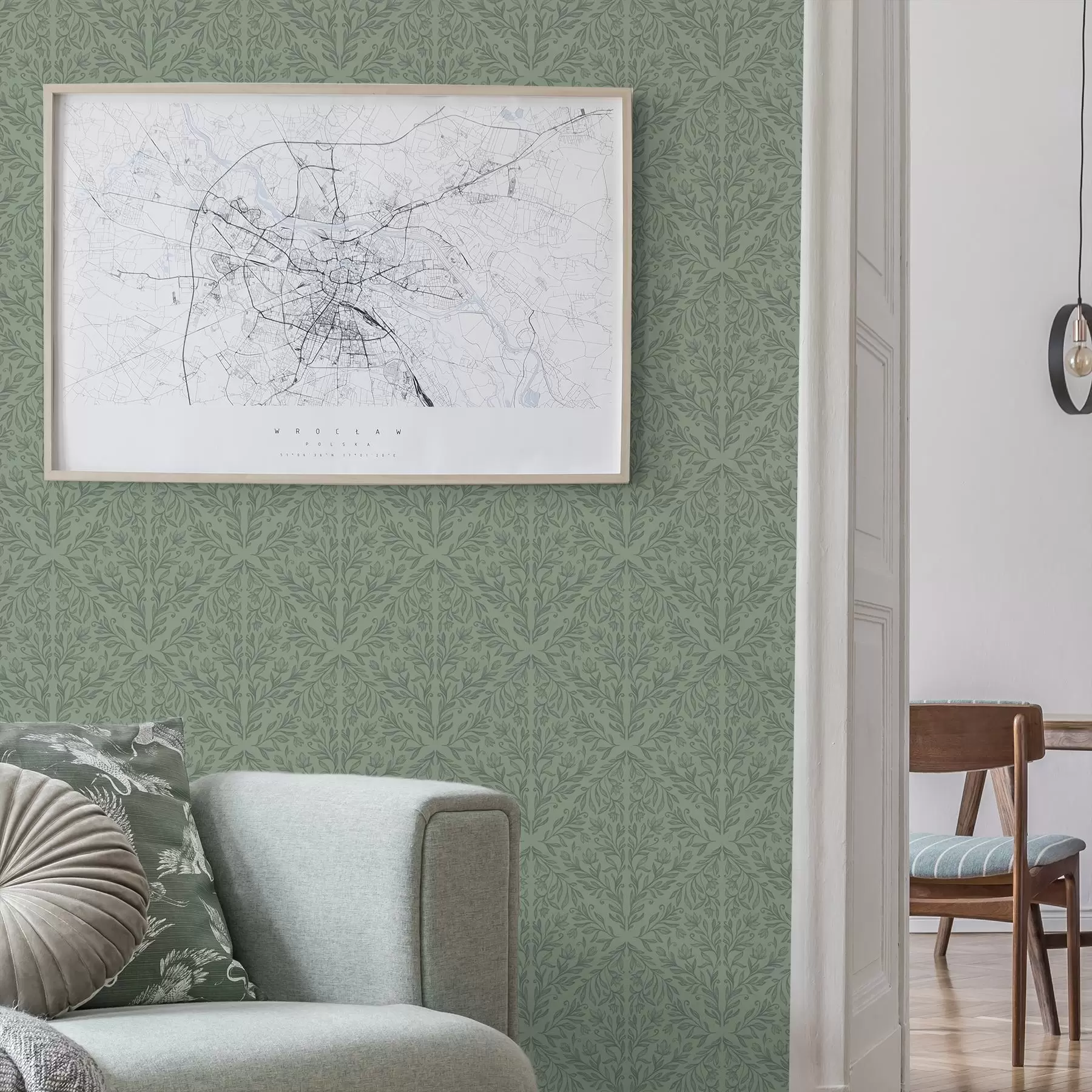 wall murals Фини ботанички дамаск у пригушеној зеленој боји a00815v1