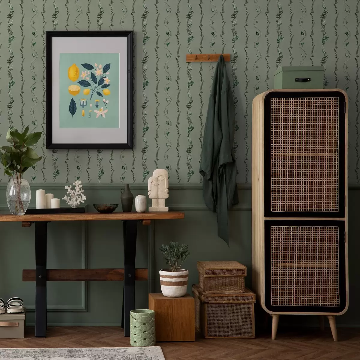 Позадина Вертикалне лозе и гранчице на пригушеној зеленој боји a00817v1 Позадина Вертикалне лозе и гранчице на пригушеној зеленој боји a00817v1