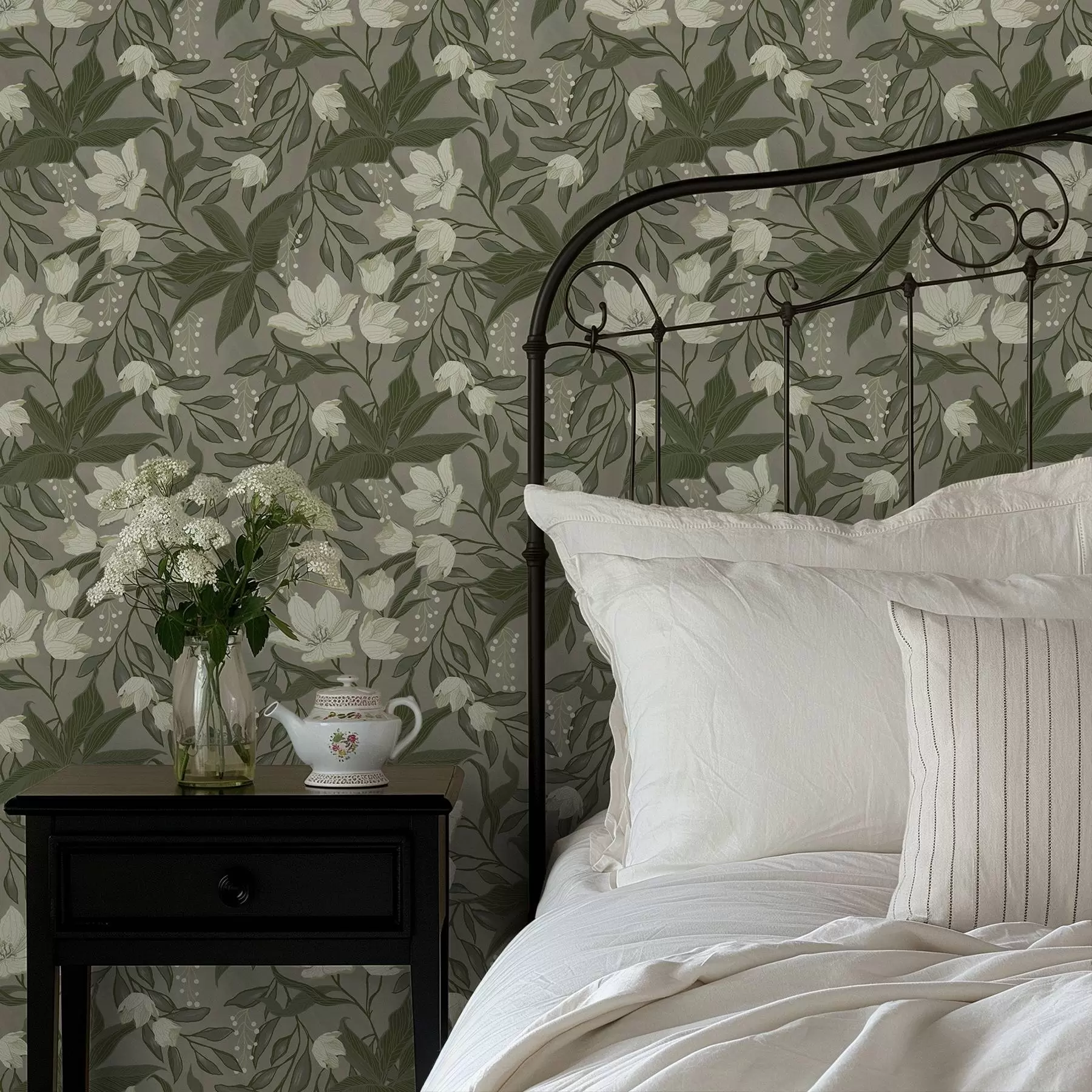 wall murals Бледи љиљани и лишће на сиво-маслинастој боји a00854